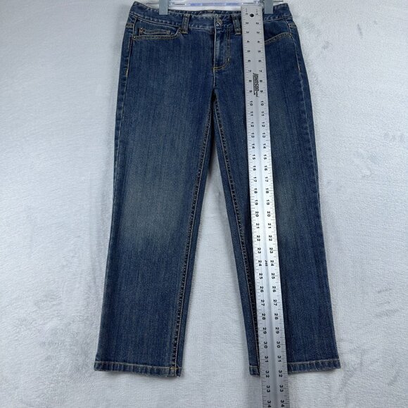 Ann Taylor Straight Jeans Slim Fit Lower On Waist Embroidered Back Women 0P Blue - Picture 7 of 12
